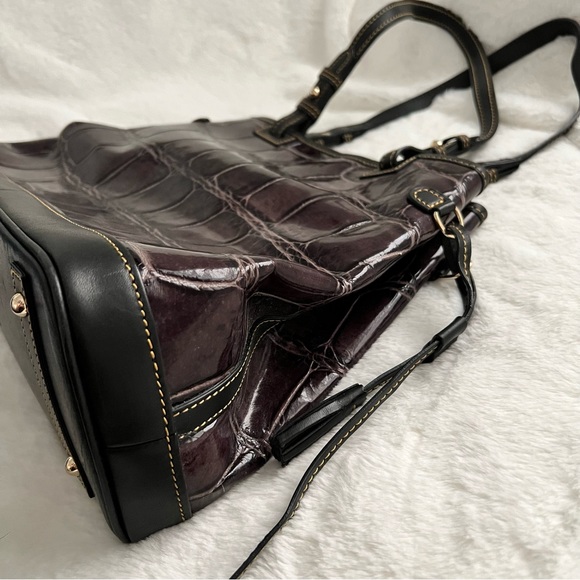 Dooney and Bourke Croco Purple Embossed Double Strapped Tassel Bag - Picture 7 of 13